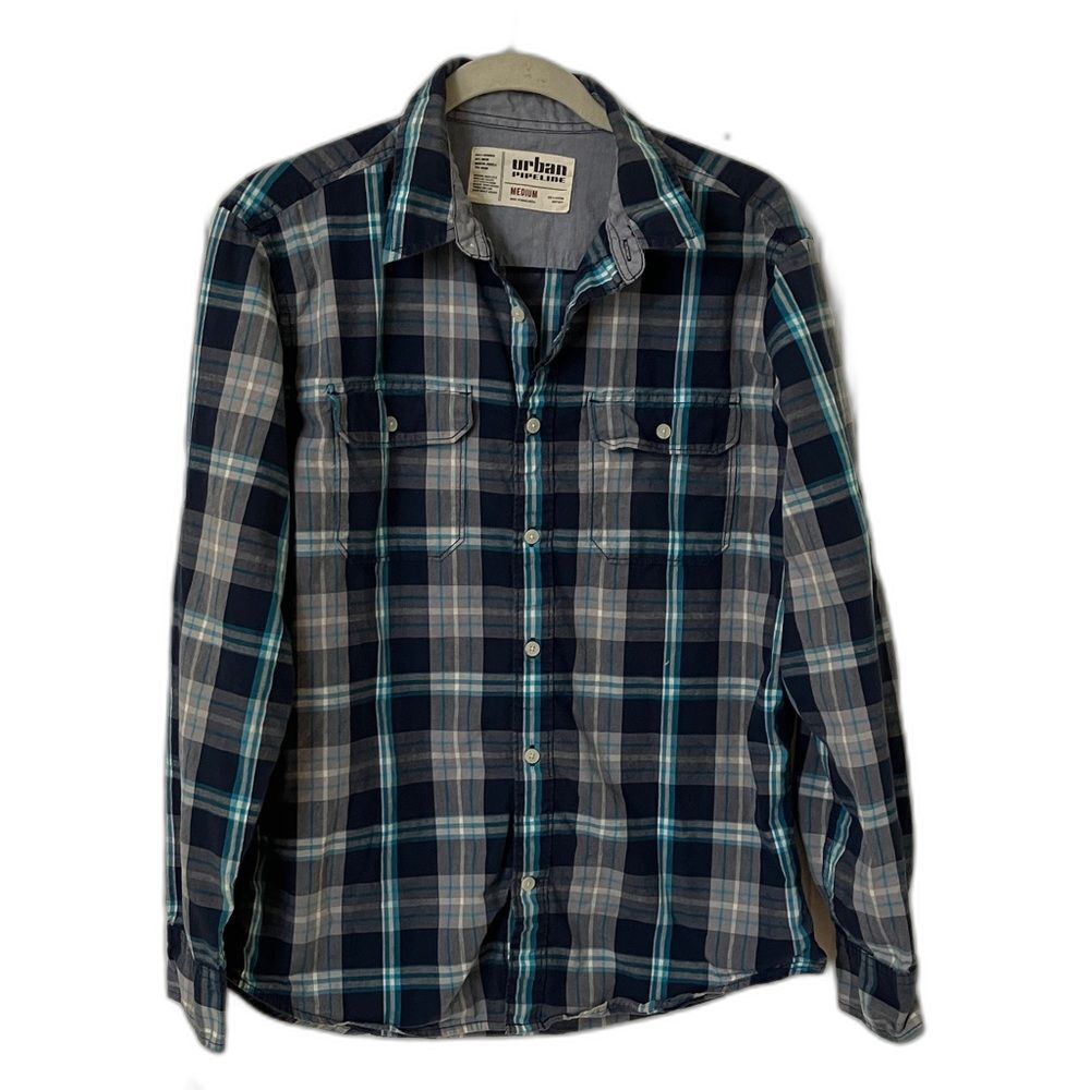Navy and teal plaid button-up shirt